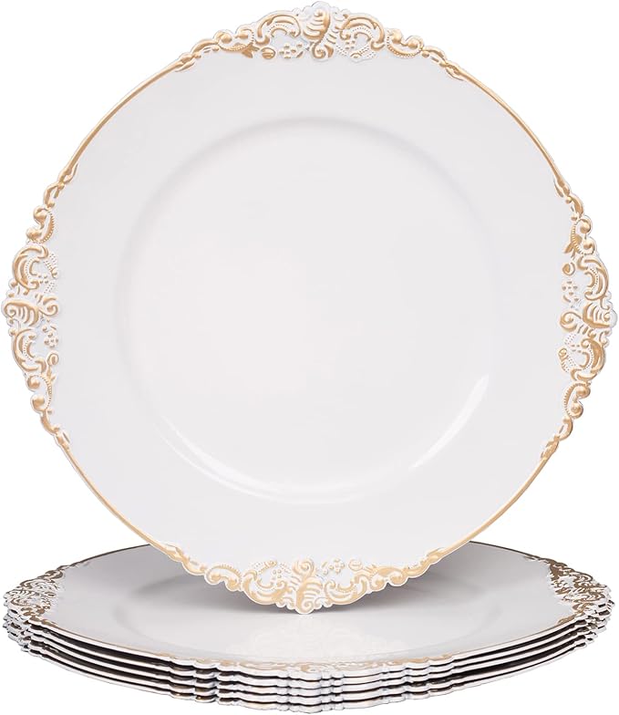 MAONAME White Charger Plates with Gold Rim, Round Antique Plate Chargers for Dinner Plates, 13" Plastic Charger for Wedding Table Setting, Set of 6