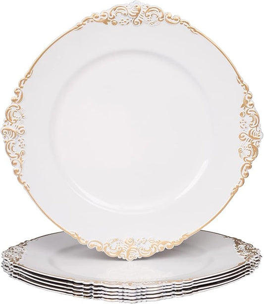 MAONAME White Charger Plates with Gold Rim, Round Antique Plate Chargers for Dinner Plates, 13" Plastic Charger for Wedding Table Setting, Set of 6