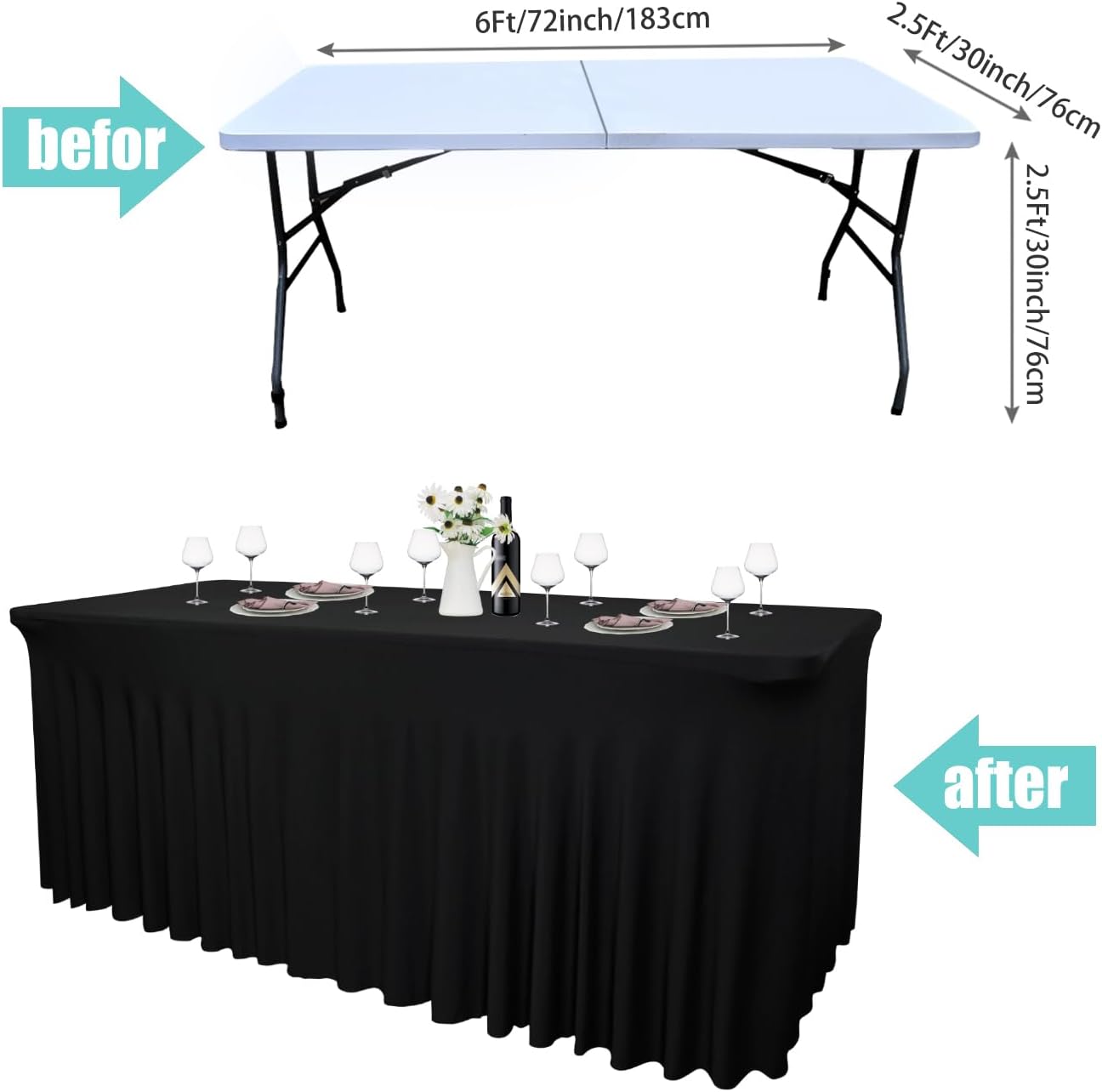 2 Pack - Black Spandex Table Skirt for 6ft Tables (72" L x 30" W x 30" H) | Stretch, Washable & Wrinkle-Resistant Fitted Cover | Banquet, Birthday Party Decor