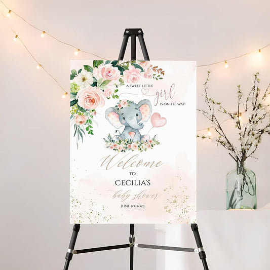 Generic Personalized Elephant Baby Shower Welcome Sign, Pink Floral, 12x18, 24x18, 36x24, Polypropylene, Feminine, Baby Shower Decorations