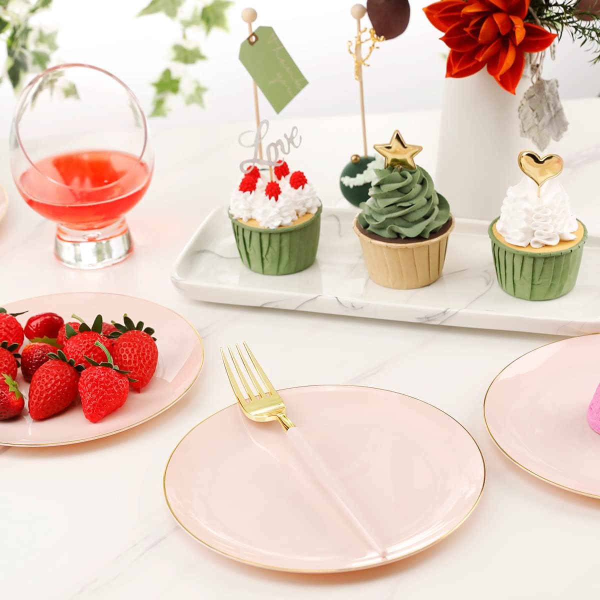 LIYH 96 Pcs Pink and Gold Disposable Plastic Dessert Plates and Forks Set - 7.5" Plastic Appetizer Plates & 9" Gold Cake Forks for Tea Parties, Birthdays, Baby Shower 48 Guests