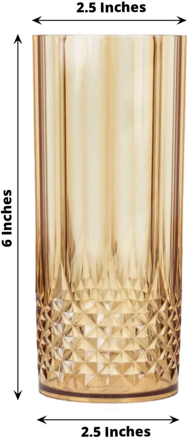 Efavormart 6-Pack Plastic Highball Glasses, 14oz Shatterproof Crystal Cut Drink Glasses for Kitchen Mojito Whiskey Cocktail, Amber Gold