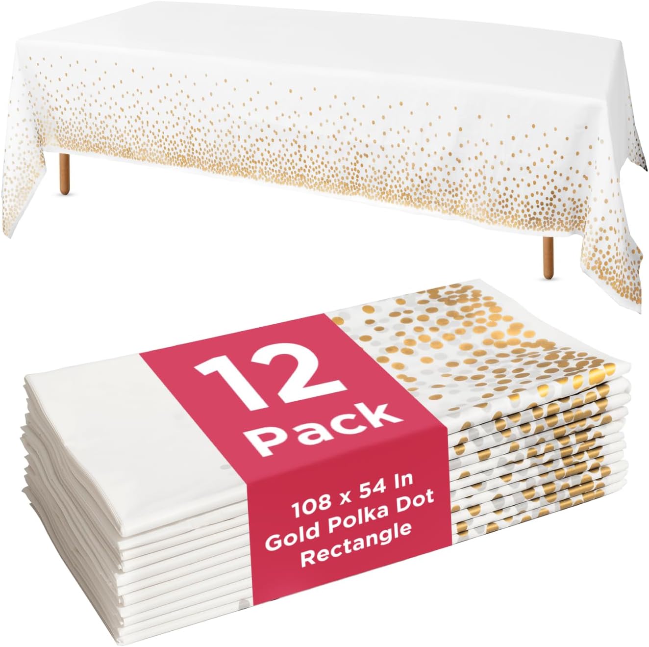 Prestee 12-Pack Disposable Tablecloth - Table Cover White and Gold Polka Dot Rectangular, 54x108 Inches - Waterproof, Stain-Resistant Party Table Covers for Weddings, BBQs, Birthdays, and Events