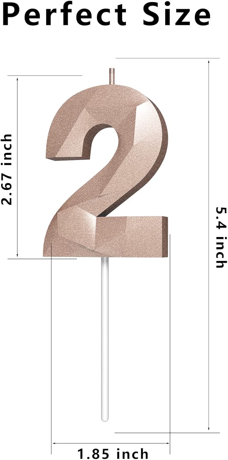 Number Birthday Candles(2 Candle Rose Gold) 3D Diamond Shape Number Happy Birthday Cake Candles for Birthday Party Wedding Decoration Reunions Theme Party