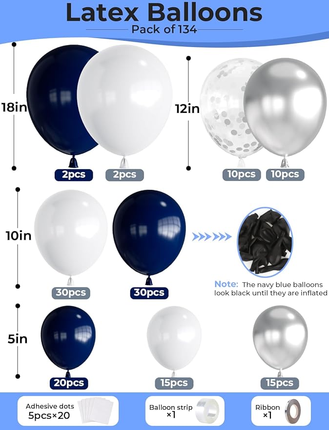 Navy Blue and Silver Balloons Garland Arch Kit,134 Pcs Graduation Balloons, White Navy Blue and Silver Balloons with Confetti Latex Balloons for Graduation, Birthday Baby Shower Wedding Decorations