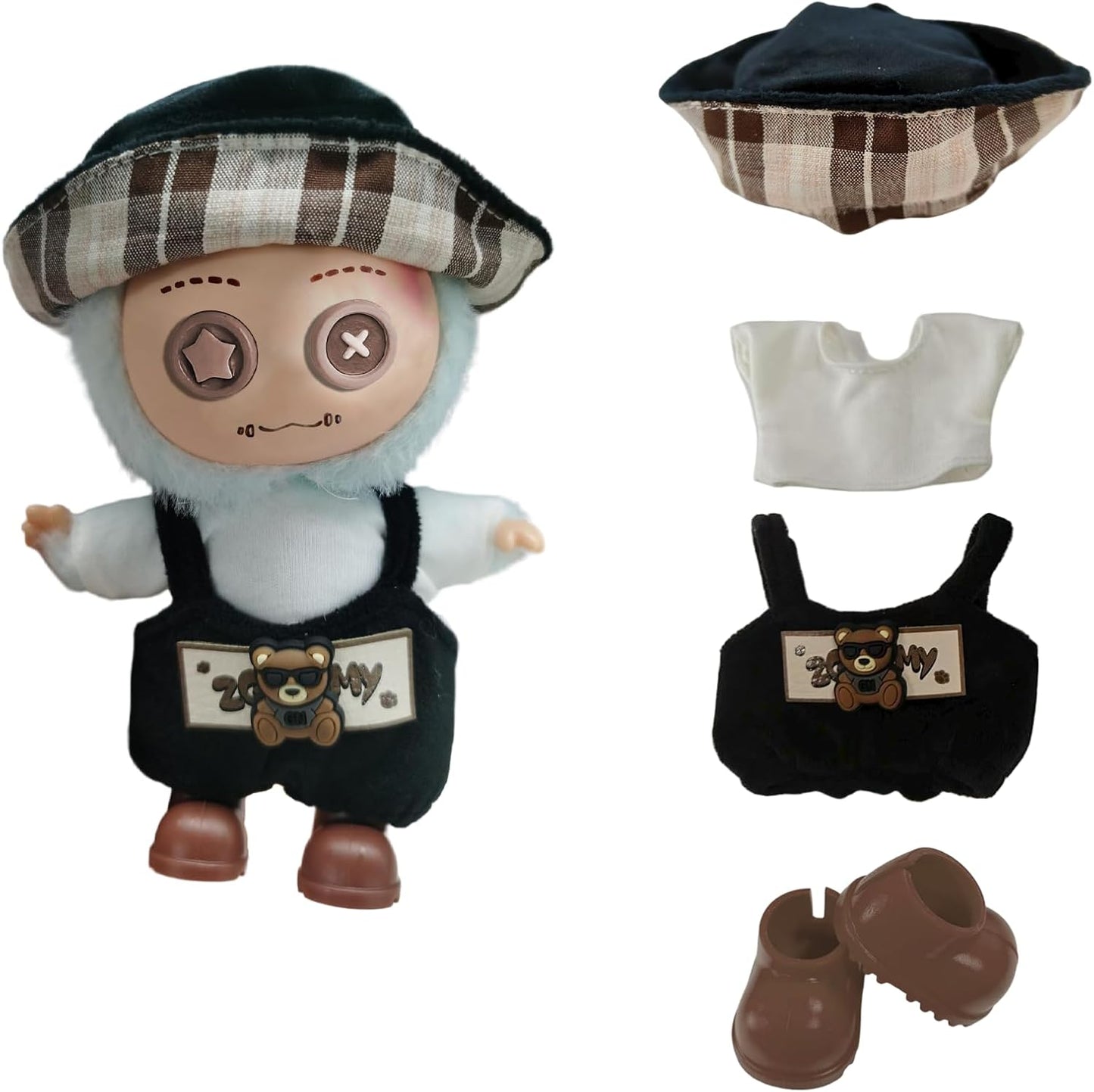 Doll Clothes for 17cm Dolls (No Doll Included) - Stylish and Adorable Outfits for Boys and Girls, Toy Fashion Accessories, Include Hat, Canvas Shoes(Teddy Bear-Hat)