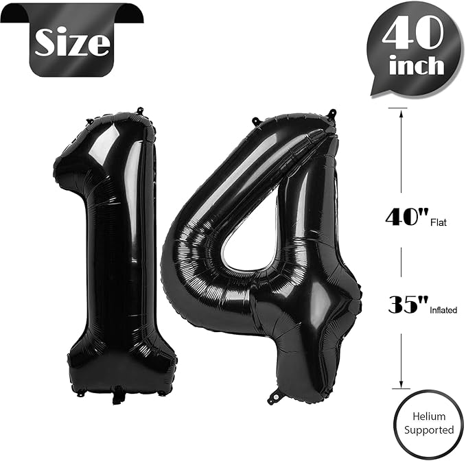 Black Number 14 Balloon 40 Inch, 14th Birthday Party Decorations for Children, Giant 14 Foil Balloon for Party Supplies