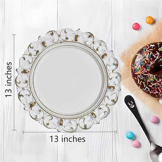 6 Pack White Charger Plates 13" Round Charger Plates for Dinning Plates with Embossed Rim Plastic Charger for Dinner, Wedding, Elegant Tableware Decor