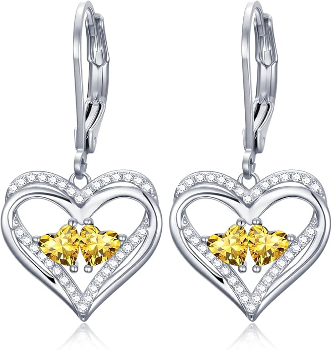 Valentines Day Gifts for Women, Heart Leverback Earrings Double Birthstone Dangle Earrings for Women, Love Jewelry for Her, Anniversary Birthday Gift for Mom Wife Girlfriend