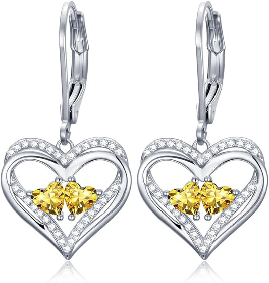 Valentines Day Gifts for Women, Heart Leverback Earrings Double Birthstone Dangle Earrings for Women, Love Jewelry for Her, Anniversary Birthday Gift for Mom Wife Girlfriend