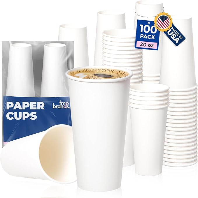 Fit Meal Prep 100 Pack 20 oz Disposable Paper Coffee Cups, Premium Hot Cups for Hot/Cold Beverage, Durable Thickened White Paper Cup Bulk for Party, Office, Bussines, Cafes, Bistros, Daily Use