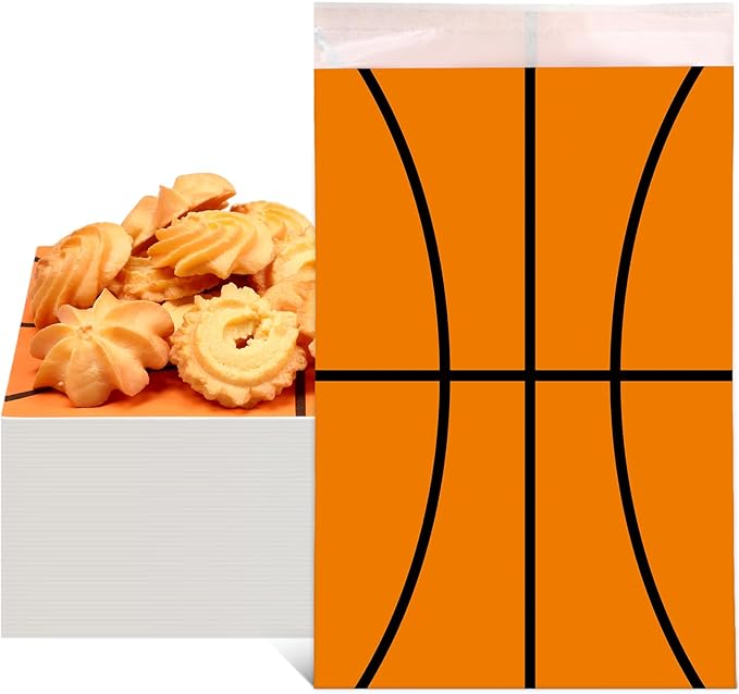 Tinlade 100 Pcs Basketball Kraft Treat Bags with Self Adhesive Basketball Theme Goodie Bags Paper Sport Candy Gift Pouches Bulk for Sport Ball Birthday Party Favor Supplies, 5x7 Inch