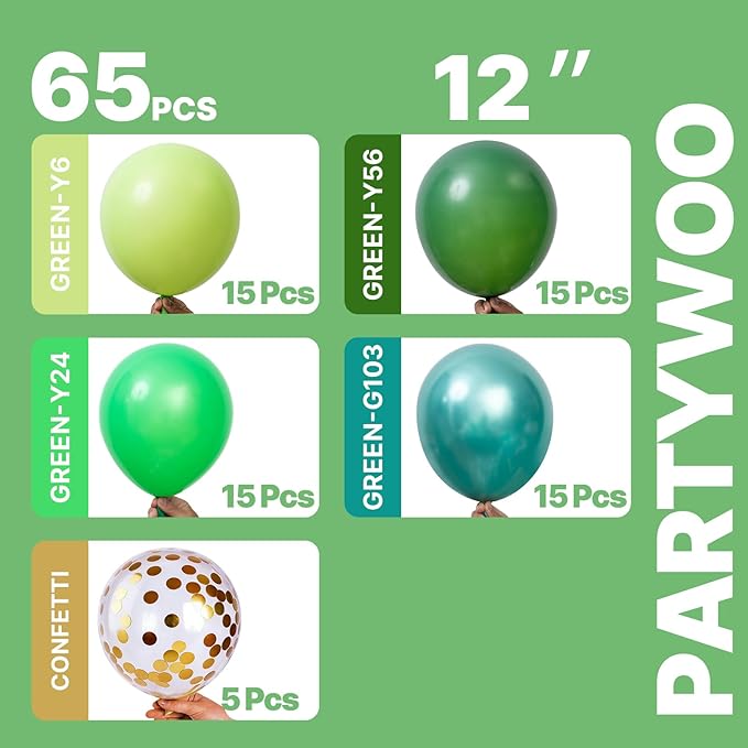 PartyWoo Green Balloons 65pcs 12 Inch Light Lime Dark Emerald Hunter Forest Metallic Green Gold Confetti Balloons for Baby Shower Wedding Engagement Jungle Woodland Birthday Party Decorations