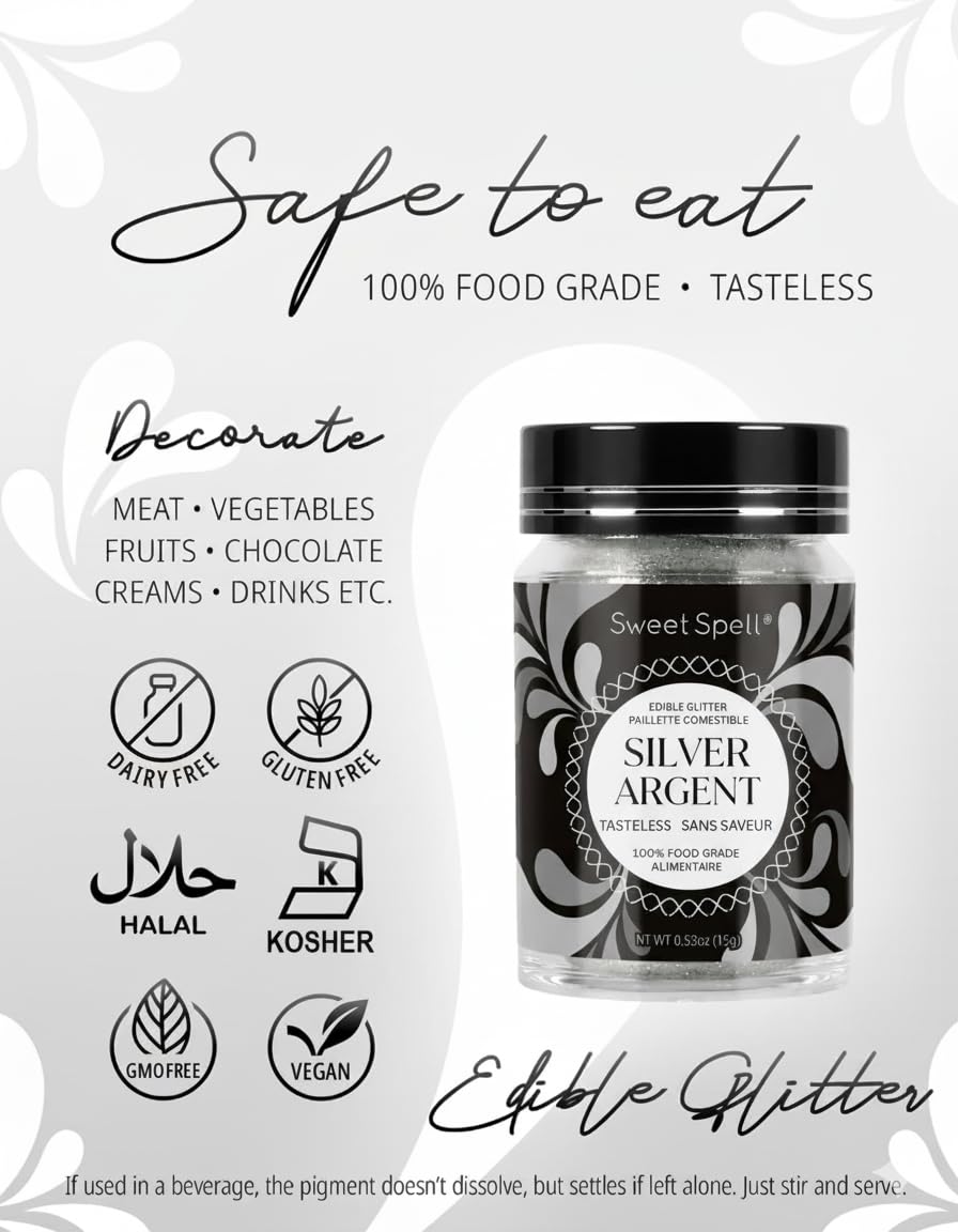 Sweet Spell Edible Glitter (15g) - Shimmer Sparkles for Drinks, Cakes, Cocktails - 100% Edible & Food Grade Glitter, Vegan, Gluten-Free (Silver)