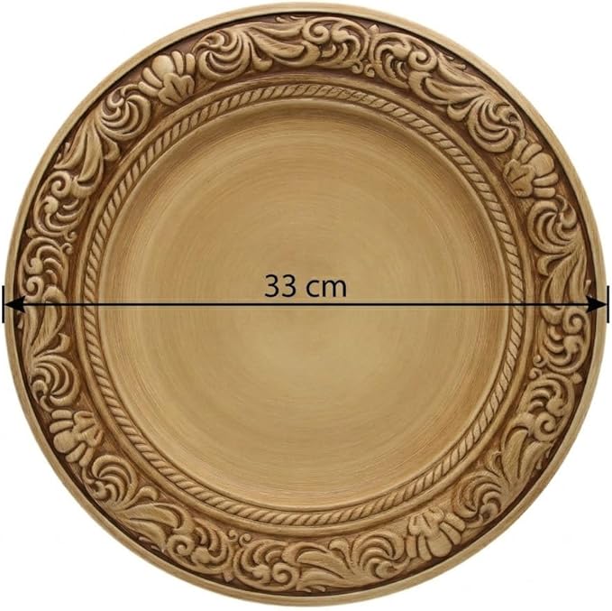 13-Inch Vintage Embossed Charger Plates, Set of 6 - Decorative Antique Gold Plastic Underplates for Dinner Party, Wedding, and Holiday Table Decor - Durable & Reusable Service Plates