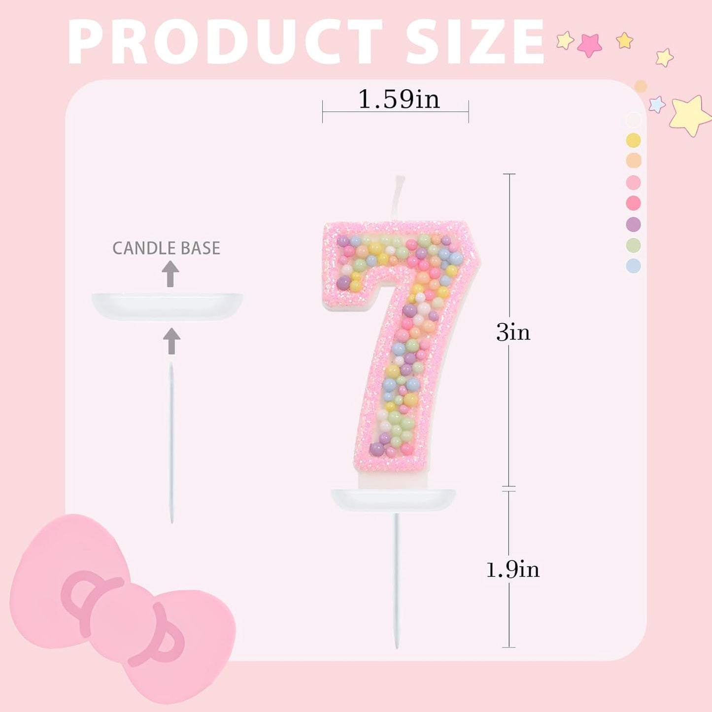 Pink Birthday Candles - Number 7 Candle, Colorful Macaron Candles for Preppy Smiley Face Party Decorations, Sweet Theme Birthday Party Supplies