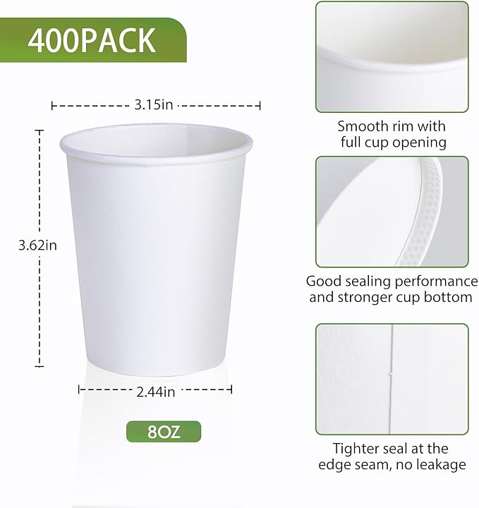 LITOPAK 400 Pack 8 oz Disposable Paper Coffee Cups, White Paper Hot Coffee Cups for Party, Picnic, Travel, and Events