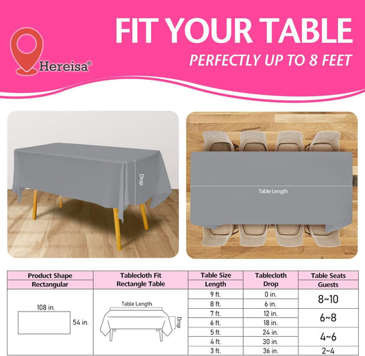 Disposable Plastic Tablecloth Silver 54x108 Inch, 5-Pack Waterproof Rectangular Table Cover for Parties, Picnics, Dining Protection