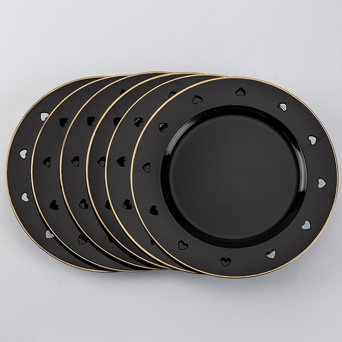 13" Round Black Charger Plates, Heart Hollow Chargers for Dinner Plates with Golden Border, Formal Table Setting Accessory Centerpiece Bluk Wedding, Valentine's Day, Galentine's Day, Set of 6