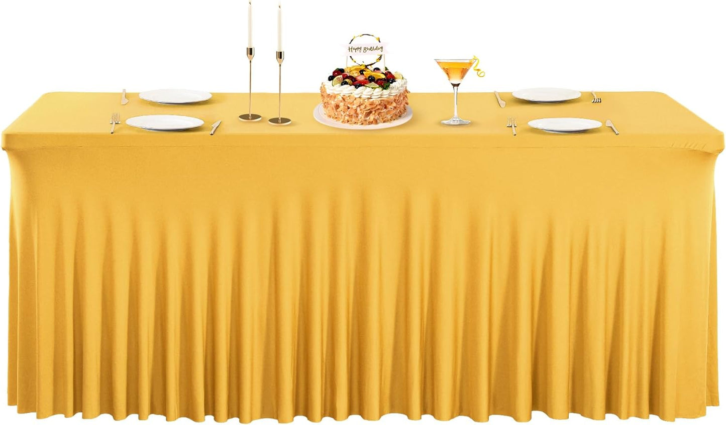 PARTISKY Golden Spandex Tablecloth for 4ft Rectangle Tables, Stretchable Table Cover Skirt for Folding Tables Weddings Parties Banquets Events Trade Shows and Dessert Table