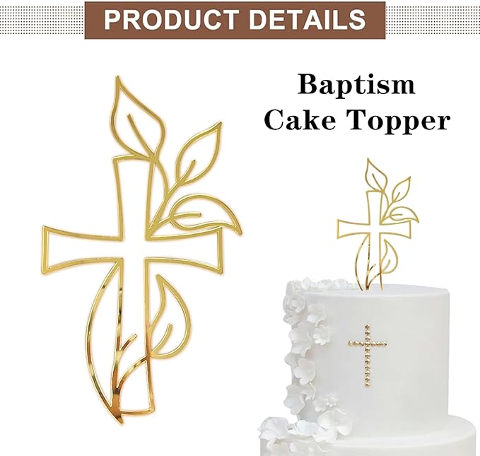3 Pcs Baptism Cake Topper Personalized God Bless Cake Topper with Cross Glitter for Party Decoration Supplies(Gold)