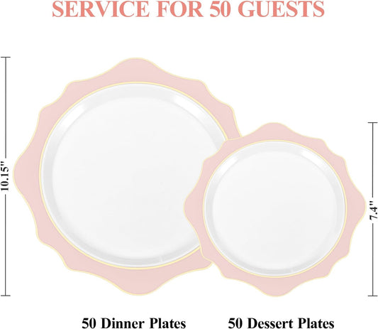 100 PCS White and Pink Disposable Plates for 50 Guests, Scalloped Plastic Plates Include 50 Dinner Plates and 50 Dessert Plates for Party, Wedding and Graduation