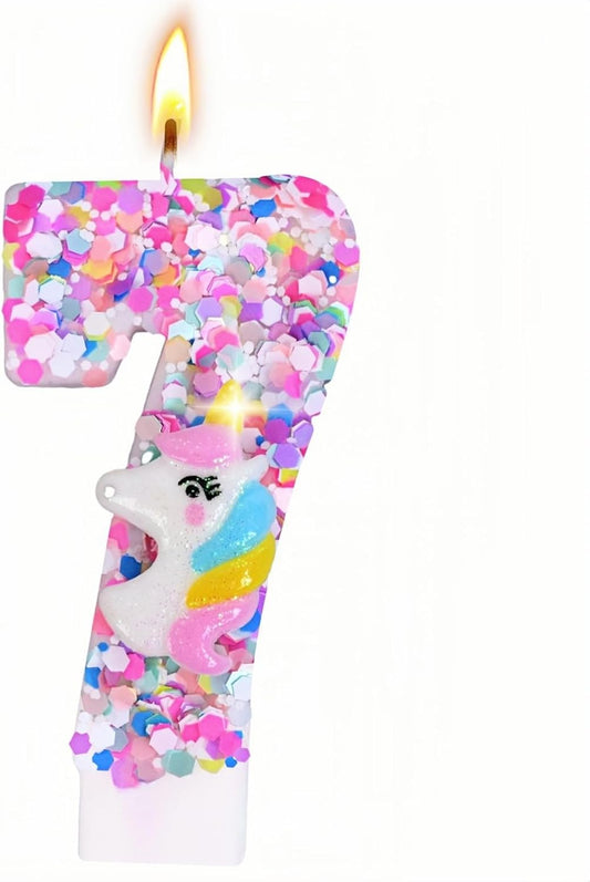 Unicorn Number Birthday Candles Decoration, Unicorn Themed Birthday Party Supplies, Glitter Sequin Birthday Cake Topper for Boy Girl Kids (Number 7)