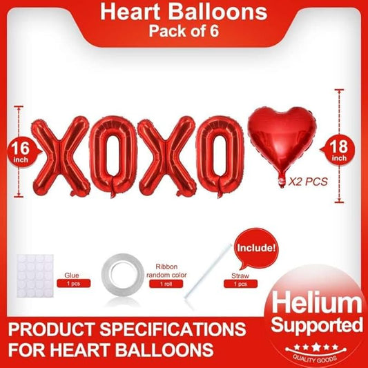 6 Pcs Red Heart Shaped Balloons Red Letters XOXO Valentine Day Balloons for Valentines Day Derations Bridal Shower Wedding Party Decorations