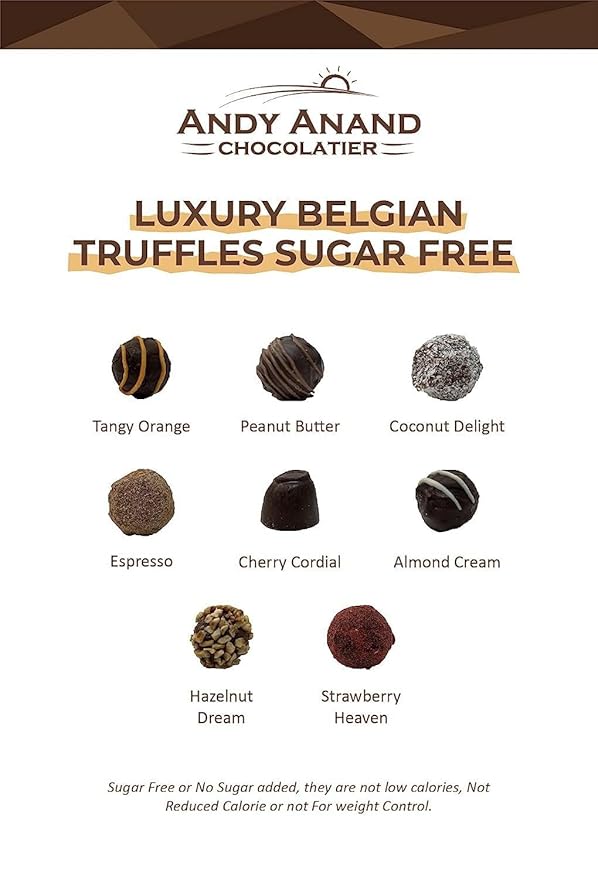 Andy Anand Chocolatier Sugar Free Belgian Chocolate Truffles with 6 Assorted Flavors, Espresso, Hazelnut, Strawberry, Coconut, Cherry, & Orange, Gluten Free Chocolate Gift Box (24 Pcs)