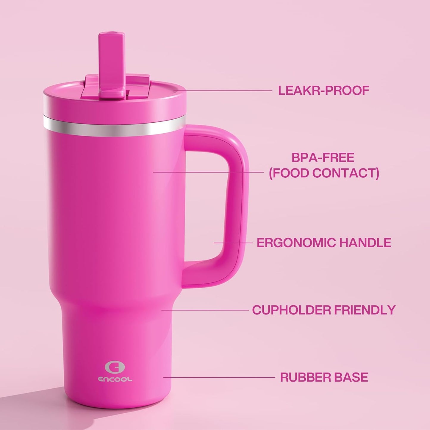 ENCOOL 32 oz Tumbler with Handle and Straw: Stainless Steel Insulated Tumbler Keeps Cold for 24 Hours, Leakproof Travel Cup Fits in Cup Holder and BPA-Free,Persian Rose