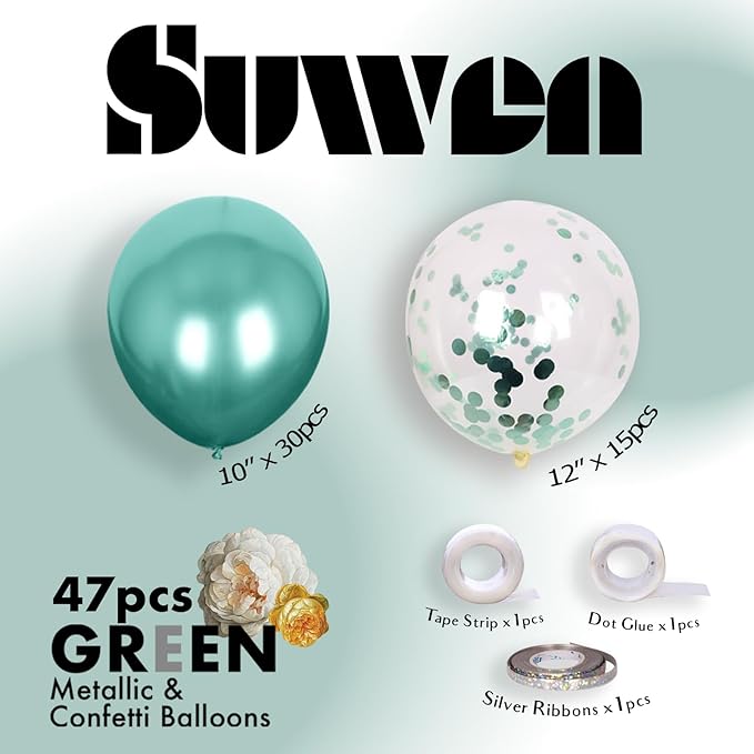 SUWEN Metallic Green Balloons and Confetti Balloons Set 47PCS Latex Helium Metallic Teal Balloon for Birthday Anniversary Party Decorations