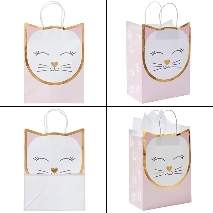 Sparkle and Bash Cat Gift Bags for Birthday Party Favors - 8 x 10 x 4.7 in, Pack of 15 & 20 White Tissue Sheets - Kitten Party Bags & Candy Treat Pouches
