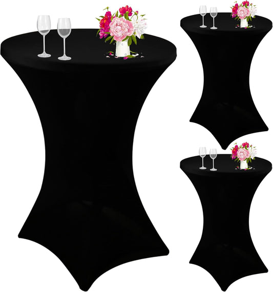 3 Pack Cocktail Spandex Tablecloth 32"x43" Cocktail Table Cover Fitted for High Top Round Table for Bar Wedding Birthday Party Banquet (Black)