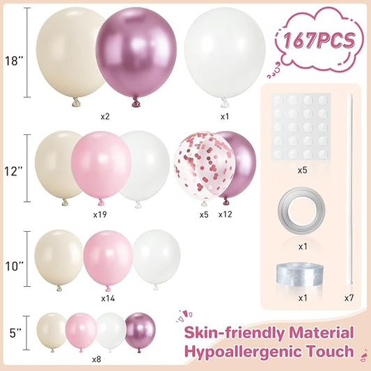 Pink and White Balloon Garland Arch Kit, 167Pcs Latex Balloons Different Sizes 18 12 10 5 inch for Women Girl Princess Birthday Bridal Baby Shower Wedding Party Decorations