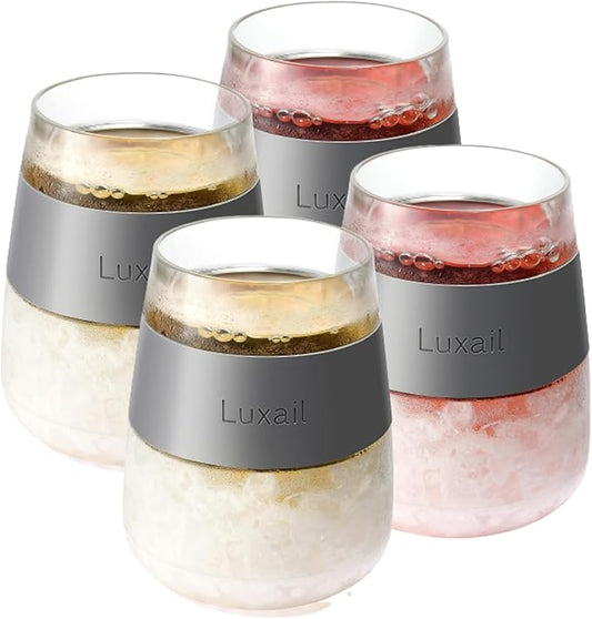 Wine Glasses, Plastic Wine Glasses Set of 4, Wine Gifts, Double Wall Insulated Freezer Tumbler, Stemless Freezer cups for Red and white Wine, 8.5 Oz, Grey