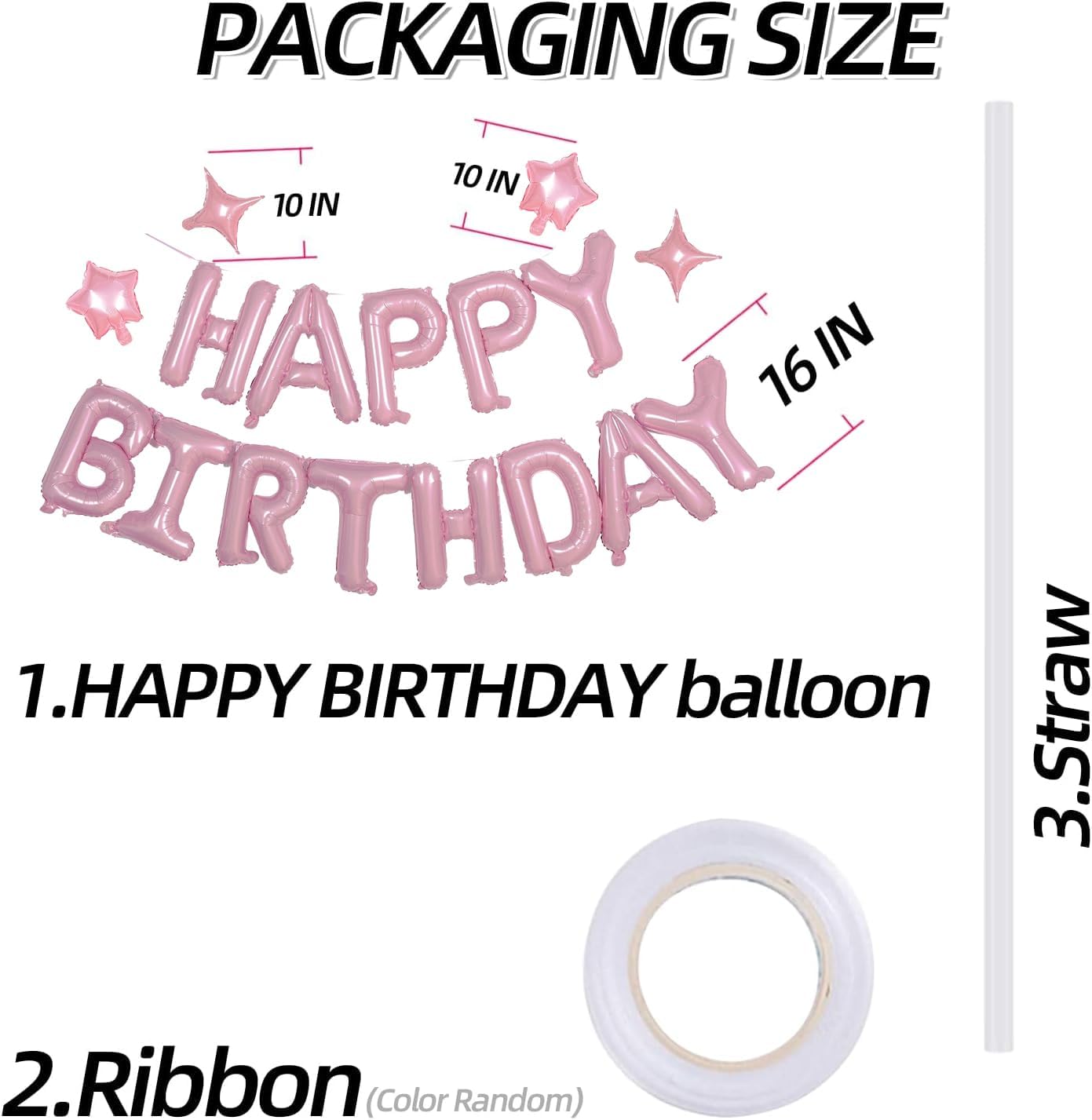 Pink Happy Birthday Banner Balloon Aluminum Foil 16 Inch Letter,Bright Pink 10 Inch Five Pointed Star Four Pointed Star Suitable for Kids, Men, Women, Boys and Girls Party Decoration Supplies