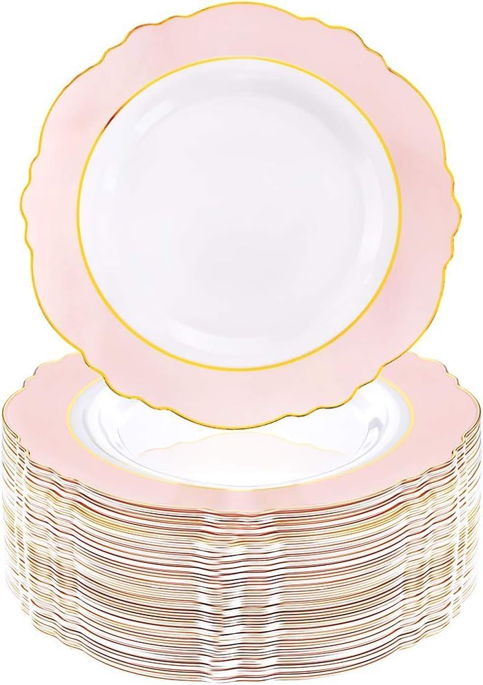 WDF 60pcs Pink Plastic Plates - 10.25inch Baroque Pink And Gold Disposable Dinner Plates for Upscale Parties -Special for Wedding, Party,Birthdays, Baby Shower,Halloween