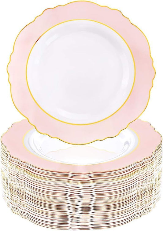 WDF 60pcs Pink Plastic Plates - 10.25inch Baroque Pink And Gold Disposable Dinner Plates for Upscale Parties -Special for Wedding, Party,Birthdays, Baby Shower,Halloween