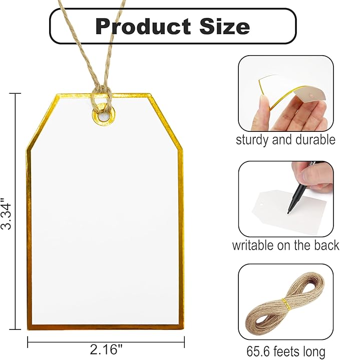 ASYEHJNR 100Pcs Gold Gift Tags with String Attached Foil Gold Frame Large White Paper Gift Tags Presents with 65 Ft Jute Twine for Christmas Holiday Baby Shower Wedding Birthday Gift Wrap Tags