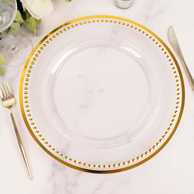 Efavormart 6 Pack 13" Beaded Gold Clear Acrylic Charger Plate, Plastic Round Dinner Charger Event Tabletop Decor