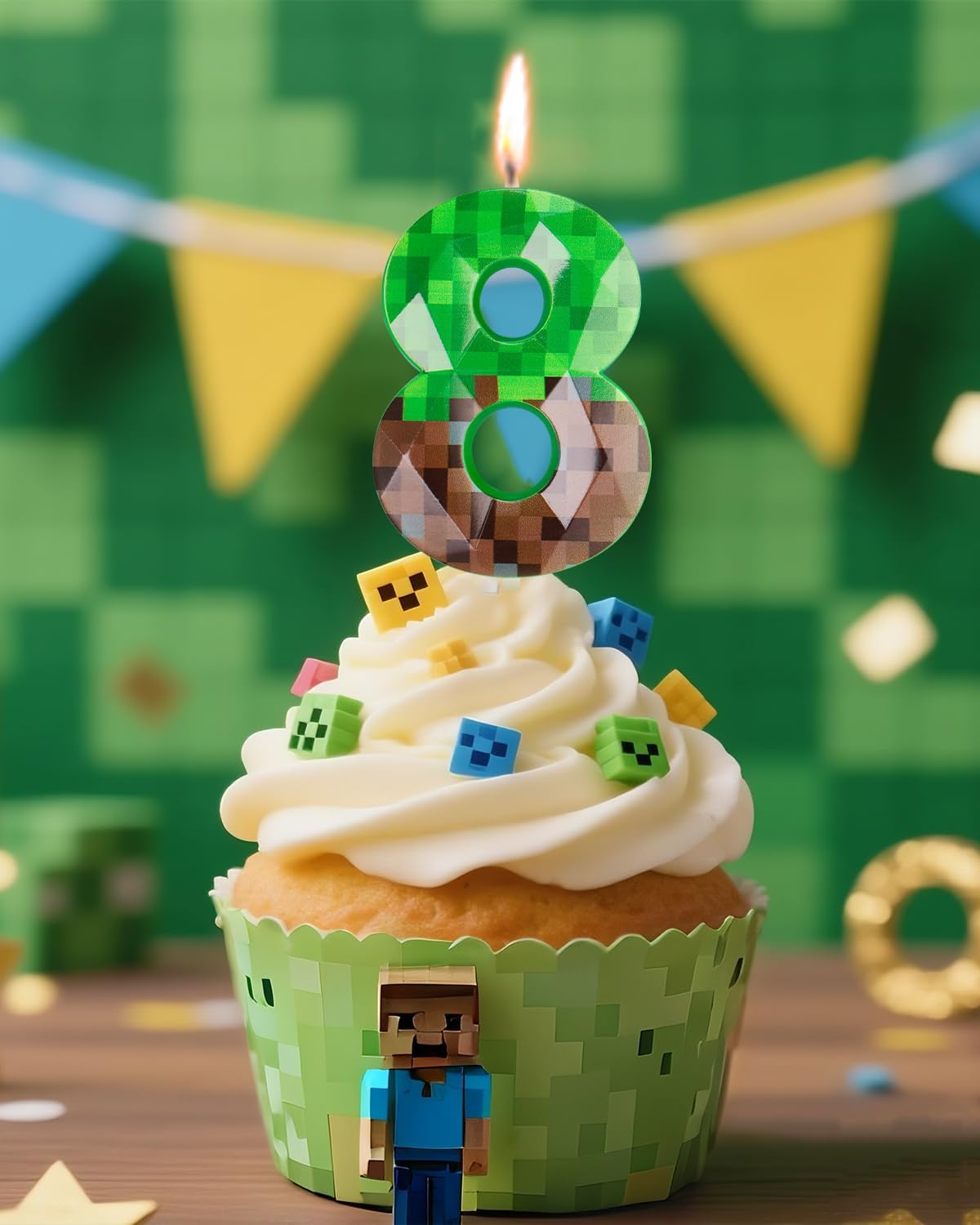 Pixel Birthday Candle, 2.68 Inch Miner Number Candles, Game Themed Candle Birthday Decoration for Pixel Theme Birthday Anniversary Dynamite Video Game Party (Green, 8)