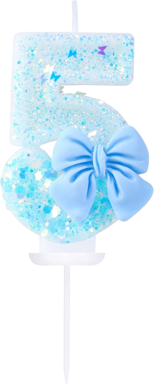 Birthday Candles Blue Bow, Number 5 Cake Candles, 5th Cake Topper Decorations for Kids Pets Pastel Birthday Party Supplies, (Number 5)