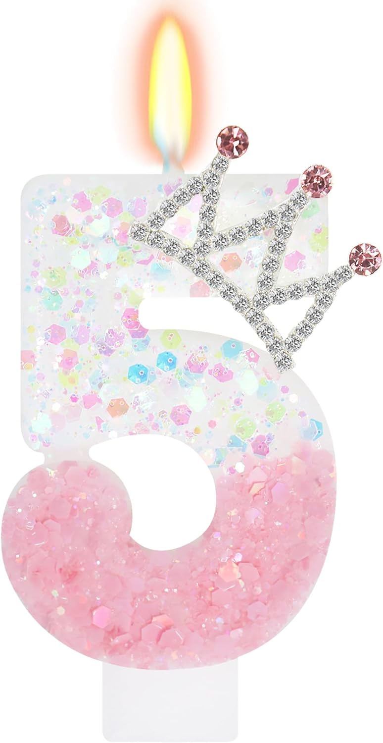 Pink White Number 5 Candle, Glitter Crown Cake Topper, Princess Birthday Party Decorations for Girls and Women Anniversary Celebrations Party Favors