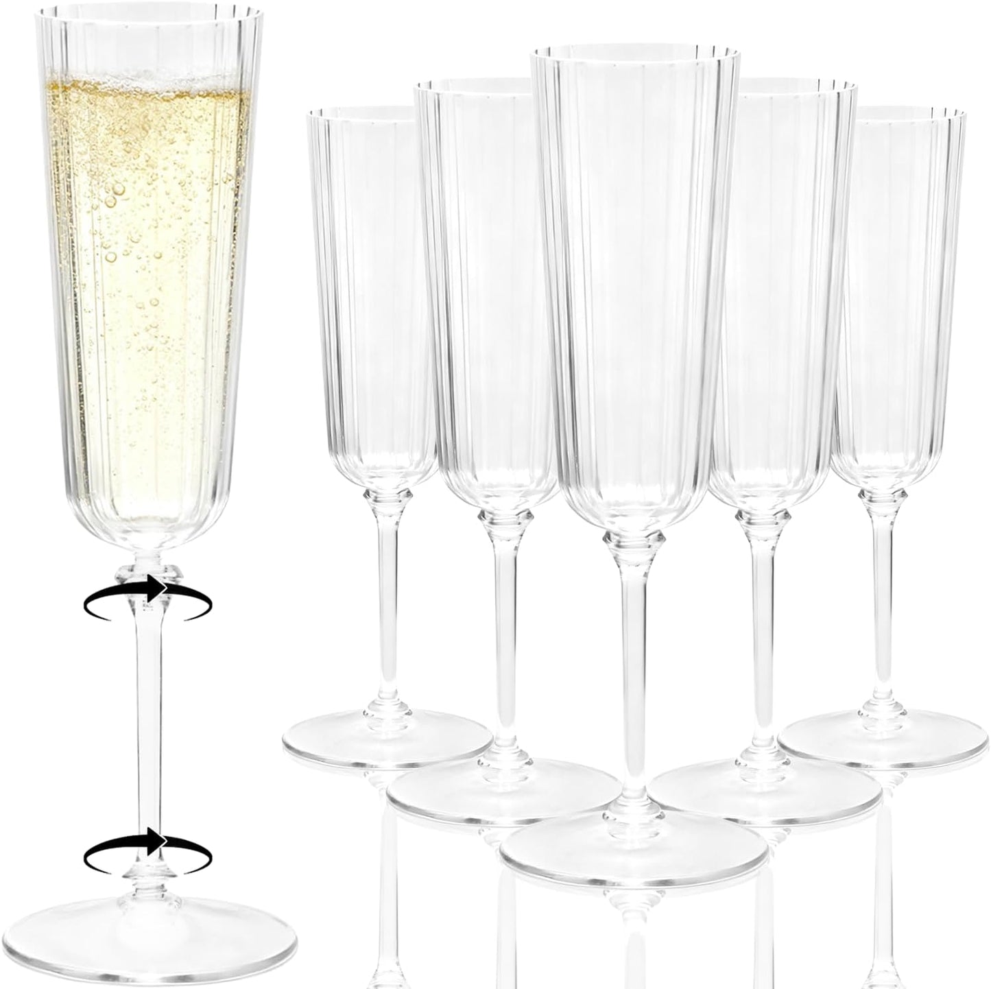 24 Pack Clear Champagne Flutes Plastic, Stripe Detachable Acrylic Champagne Glasses, Disposable Cocktail Drinking Cups, Reusable Wine Flutes, Cocktail Toasting Glasses for Wedding, Party
