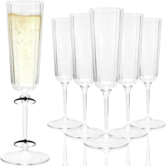 24 Pack Clear Champagne Flutes Plastic, Stripe Detachable Acrylic Champagne Glasses, Disposable Cocktail Drinking Cups, Reusable Wine Flutes, Cocktail Toasting Glasses for Wedding, Party