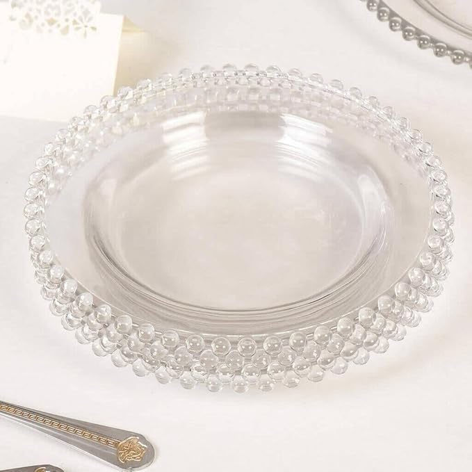 Lawei 12 Pack Clear Plastic Charger Plates with Bead Rim, 13 Inch Plastic Round Serving Plates Decor Dinner Plates for Party Wedding Events Dinner Decoration