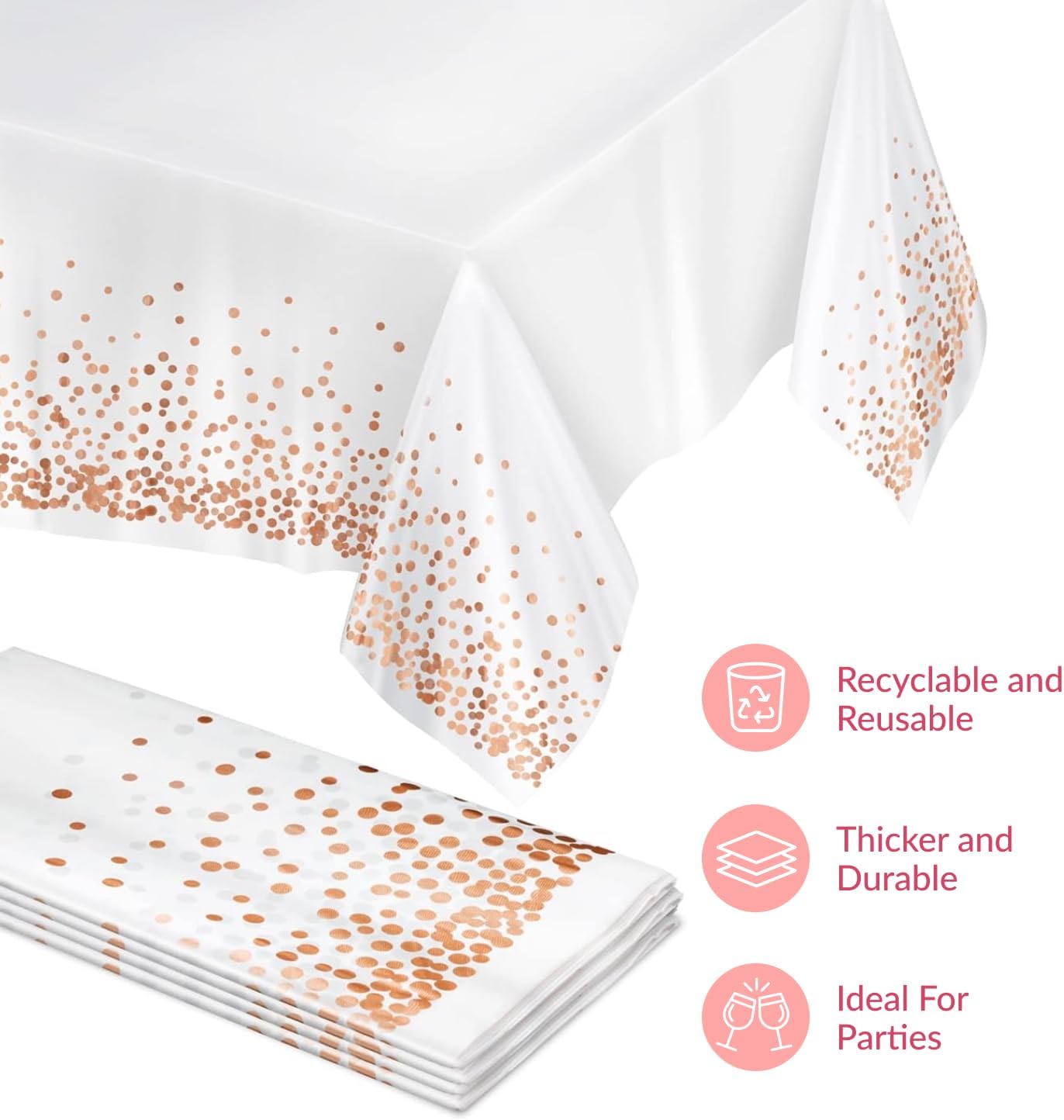 Prestee Rose Gold Plastic Table Cloth Disposable, 4 Pack - 54x108 Inch Rectangle Tablecloths for Wedding and Party - Heavy-Duty, Waterproof Table Covers - Pink and Gold, for Birthday or Fine Dining