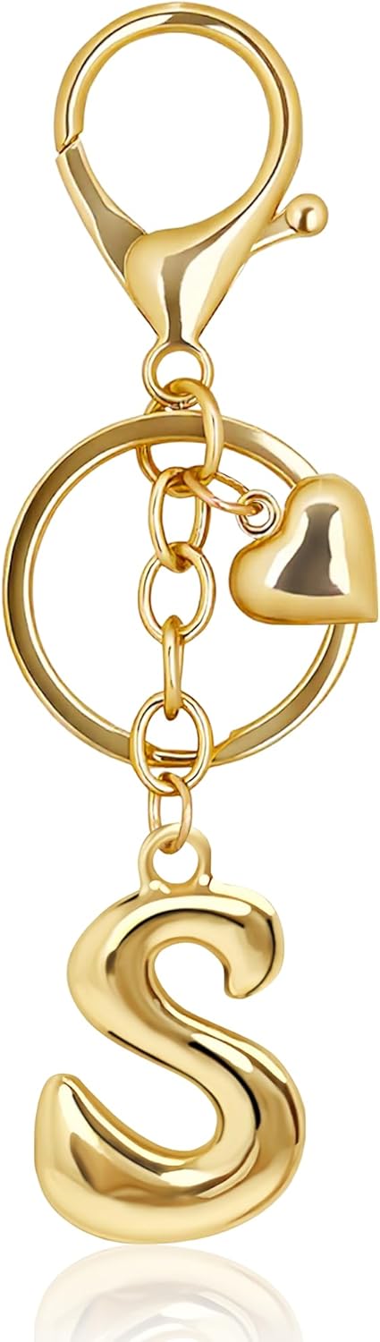 Gold Bubble Heart Initial Bag Charms for Handbags – Cute Initial Letter Keychain for Women, Purse Charms, Gold Gift