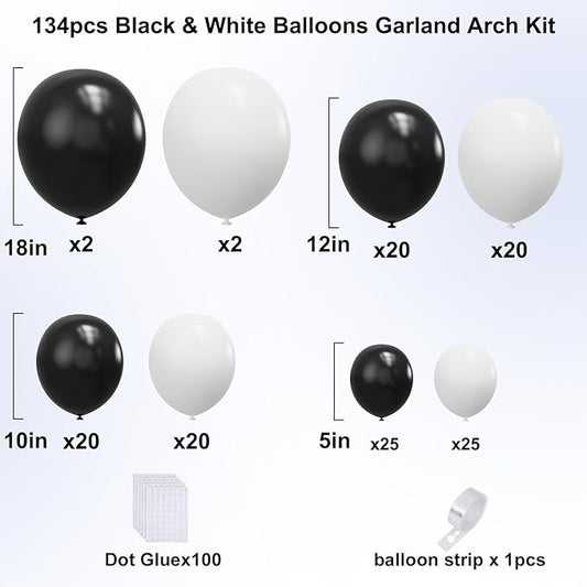 YMSZ Black and White Balloons Garland Arch Kit, 134pcs White Balloon and Black Balloons for Birthday Anniversary Wedding Engagement Graduation Party Decorations