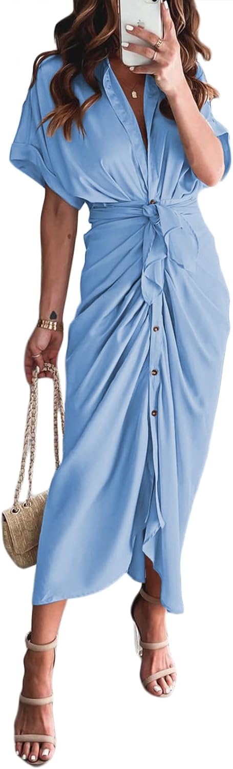 Women Elegant Satin Button Down Short Sleeve Maxi Shirt Dress with Belt